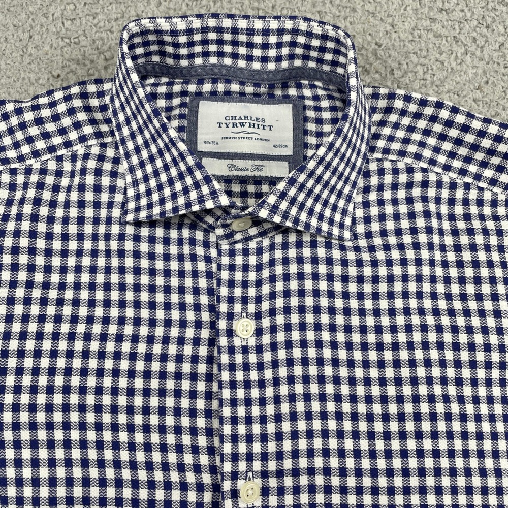 Charles Tyrwhitt Button Down Shirt Mens 16.5 Blue Gingham Classic Fit Cotton LS